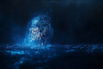 Wall Mural - coming fingerprint scanning biometric on a dark background with blue light glowing, identity check c