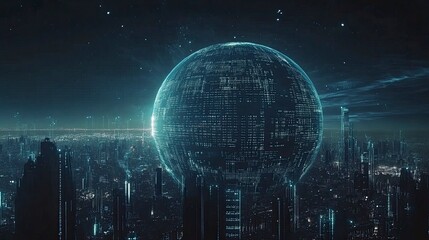 Wall Mural - digital earth globe with digital data and technology background, city skyline silhouette on the hori