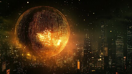 Wall Mural - digital globe with binary code and city skyline background, technology concept for global business o