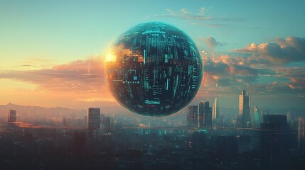 Wall Mural - digital globe with binary code and city skyline background, technology concept for global business o