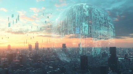 Wall Mural - digital globe with data and information on a background of a cityscape, a technology concept. digita