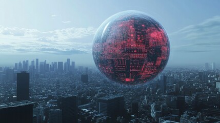 Wall Mural - digital globe with data and information on a background of a cityscape, a technology concept. digita