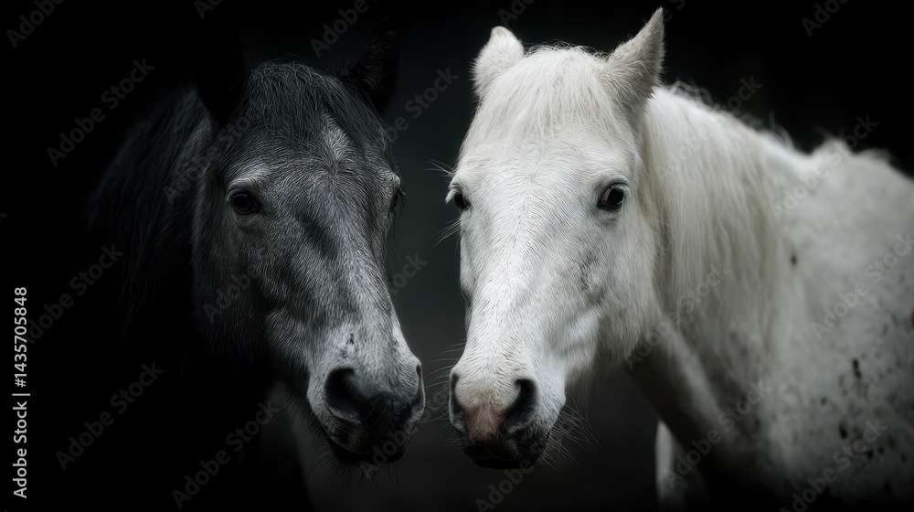 Striking contrast of a black and white horse facing each other ...