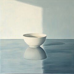 Leinwandbilder - Minimalist Still Life: A white bowl sits on a reflective surface, bathed in soft light, creating a serene and contemplative scene.