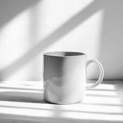 Fototapete - Minimalist still life with a white mug bathed in sunlight and shadow play. Serene aesthetic for a modern touch.