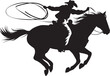 © Vistara - A vector silhouette of a wild west cowboy riding a running galloping horse holding onto reins and lasso