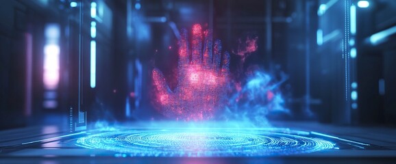 Wall Mural - one-third engines finger scan on virtual screen, biometric security concept with digital hologram an