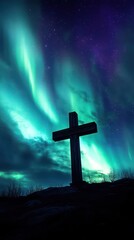 Wall Mural - aurora cross silhouette night sky