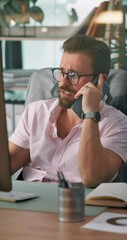 Leinwandbilder - Phone call, online and talking with business man in office for IT sales consultant, SaaS advisor and client update. Communication, cloud solutions and chat with person in tech startup for feedback