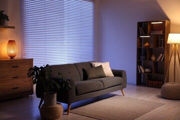 Poster - stylish living room with comfortable sofa and wooden shelving unit in evening. interior design