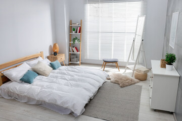 Poster - comfortable bed, dresser and mirror in bedroom