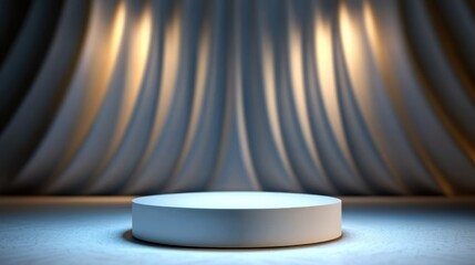 Canvas Print - Empty round podium stage illuminated by spotlights behind draped curtains