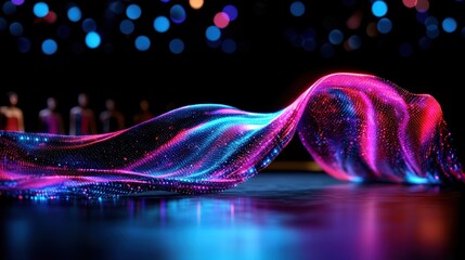 Wall Mural - Abstract glowing fabric draped stage, blurred figures, vibrant colors