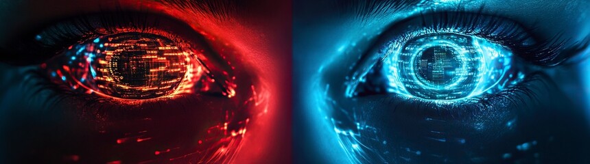 Wall Mural - two female eyes with digital data flowing through them, a futuristic design background, a cyberpunk 