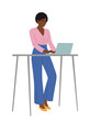 © Creative_Juice_Art - Young Black businesswoman in smart casual outfit standing at adjustable ergonomic desk, working on laptop. Flat vector illustration, isolated on transparent background