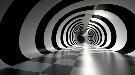 Wall Mural - abstract black and white tunnel, checkered floor, light at end, architectural 3d background