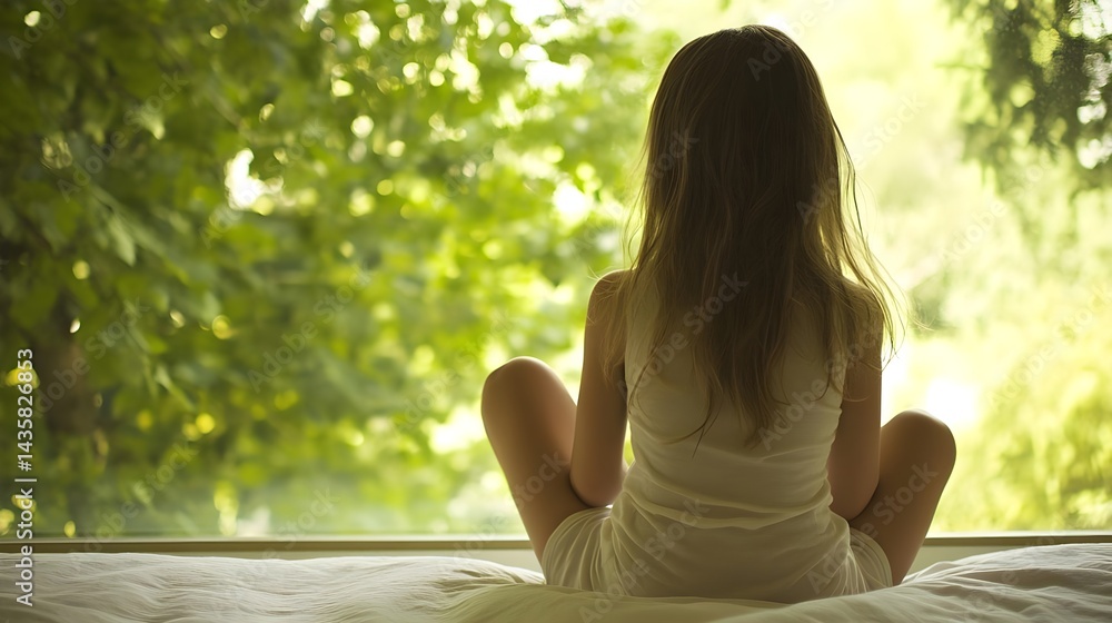 Young Girl Sitting on Edge of Bed Looking Out at Greenery Stock ...