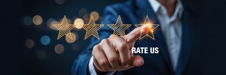 hand pointing to a rate us request.