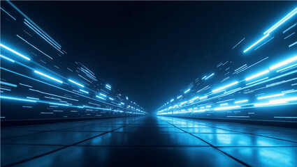 Wall Mural - Vector illustration depicting a perspective view looking down a pathway or corridor towards a central vanishing point. On both sides, there are horizontal streaks and bars of bright, glowing cyan-blue