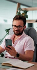 Poster - Business man, phone and typing for communication in creative office for email, texting or feedback. Technology, reading and employee on mobile app with internet at workplace with social media message