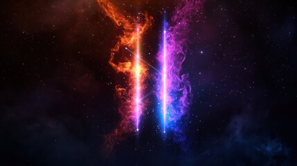 Wall Mural - Cosmic fire, two vertical columns, nebula background, abstract design