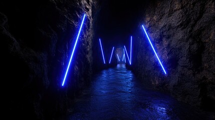 Wall Mural - blue neon tunnel, rocky cave, water reflection, futuristic path