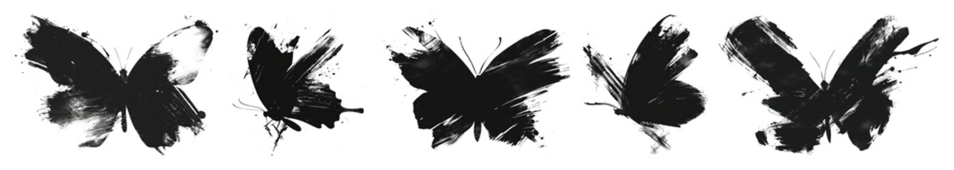 Wall Mural - png abstract black brush strokes, element set on transparent background