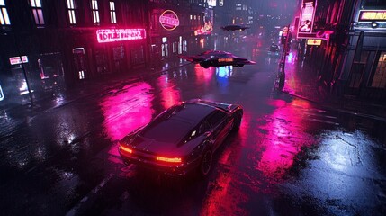 Wall Mural - Neon-lit rainy city street with futuristic vehicles