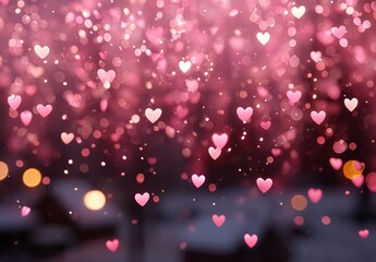 Wall Mural - Pink And Red Heart Glitter Background Romantic Winter Night Sparkle