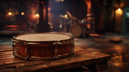 Canvas Print - Vintage snare drum on rustic wooden table in dimly lit music venue