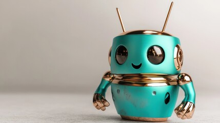 Cute teal robot figurine, studio shot,  light gray background, futuristic design