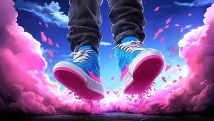 Wall Mural - Pixel Art of Light Blue and Pink Sneakers Jumping Above Pink Clouds and Flowers