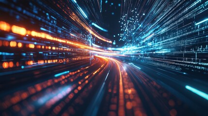 Wall Mural - a high-speed data transfer visualization, with streaks of light moving across a futuristic digital l