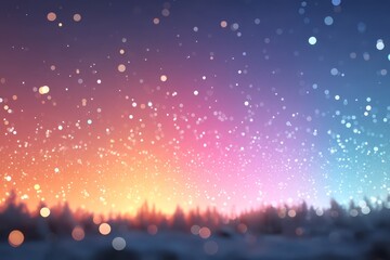 Wall Mural - Winter Night Landscape With Colorful Sky And Falling Snow