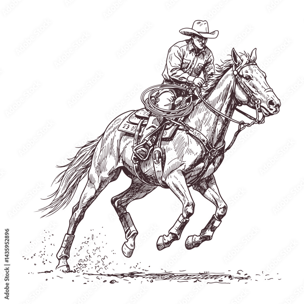 Young Rodo Schech Vintage hand drawn cowboy riding fast horse in a dynamic rodeo action ...
