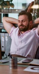 Poster - Happy, businessman and stretching at office for break, completion or finished tasks on desk. Calm man, employee or rest with smile in comfort for productive day, done or stress relief at workplace