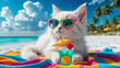 © Larysa - A whimsical white cat enjoys a beach vacation, complete with sunglasses and a fruity cocktail.