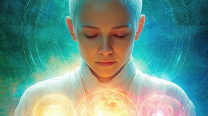 Wall Mural - Luminous being meditating in a surreal dreamlike space with vibrant orbs of light