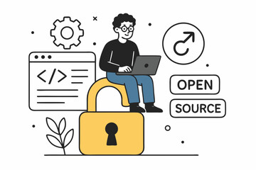 Flat line art vector of developer ensuring open source security, coding on laptop seated on padlock icon. Concept for programming, cybersecurity, and technology.