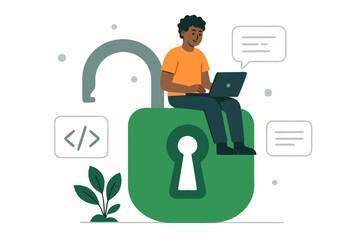 open source security vector illustration showing a programmer working on laptop while seated on a gi