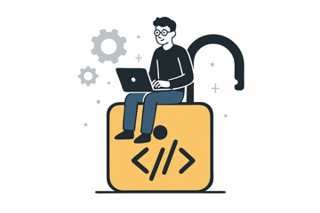 Vector illustration of a coder on an open padlock with code tags, symbolizing open-source software security, programming vulnerabilities, and technology access control concept.