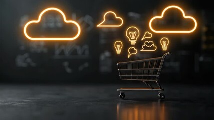 Wall Mural - creative shopping cart featuring glowing light bulbs and cloud icons on a dark background with busin