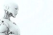 © Zstudio - Detailed 3D rendering of an advanced humanoid android in profile, its head bowed in thought on a white background. A concept for AI and future technology