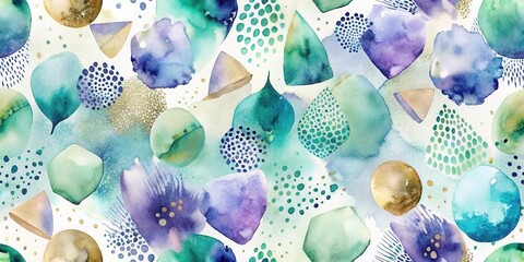 Wall Mural - abstract watercolor seamless pattern organic shapes and dappled textures in teal, purple, and gold t