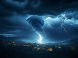 dramatic and powerful tornado. Lightning thunderstorm flash over the night sky. Concept on topic weather, cataclysms (hurricane, Typhoon, tornado, storm). Stormy Landscape