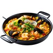 © MSTKolpana - A delicious paella with seafood, including shrimp, served in a cast iron pan and isolated on a white background