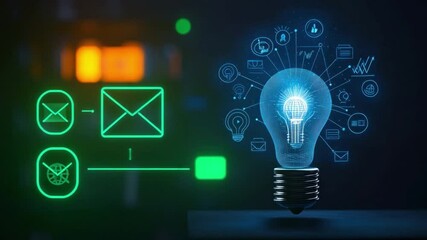 Wall Mural - futuristic light bulb design with glowing digital icons representing innovation and technology conce