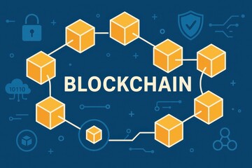 simple blockchain illustration with blocks and security icons