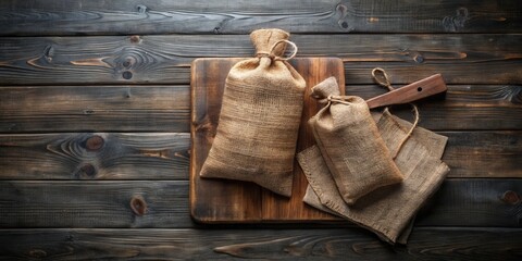 Poster - Rustic Still Life Featuring Burlap Sacks and Wooden Utensil on Weathered Wooden Surface
