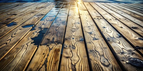 Poster - Sun-Drenched Wooden Dock Planks Glistening with Water Droplets Near a Body of Water